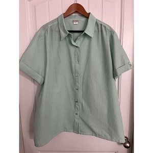 Vtg Boca Bay Seersucker Striped Button Down‎ Shirt Womens XXL Green Short Sleeve
